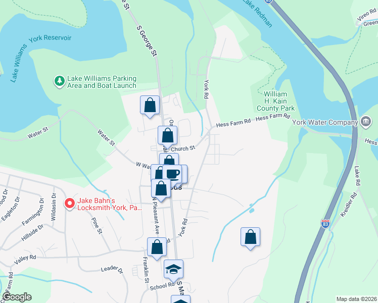 map of restaurants, bars, coffee shops, grocery stores, and more near 11 Church Street in Jacobus