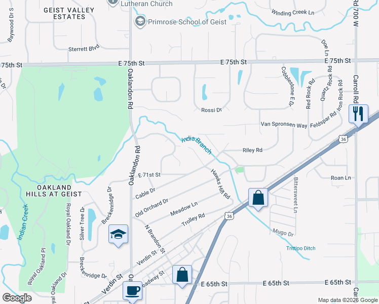 map of restaurants, bars, coffee shops, grocery stores, and more near 7138 Hawks Hill Road in Indianapolis