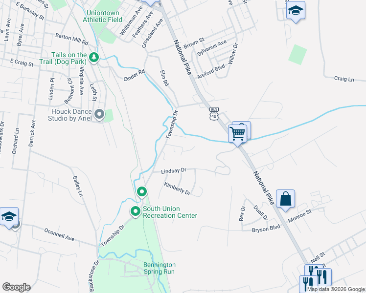 map of restaurants, bars, coffee shops, grocery stores, and more near 10 Shellie Street in Uniontown