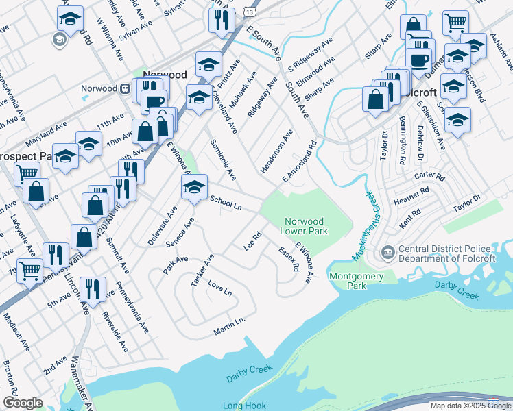 map of restaurants, bars, coffee shops, grocery stores, and more near 501 Tasker Avenue in Norwood