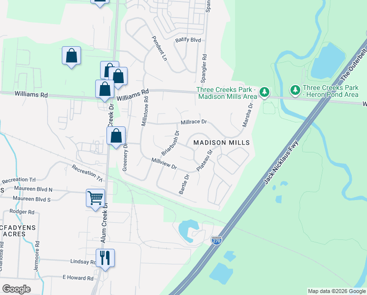 map of restaurants, bars, coffee shops, grocery stores, and more near 2653 Buckwheat Court in Columbus