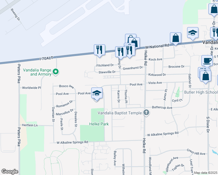 map of restaurants, bars, coffee shops, grocery stores, and more near 516 Randler Avenue in Vandalia