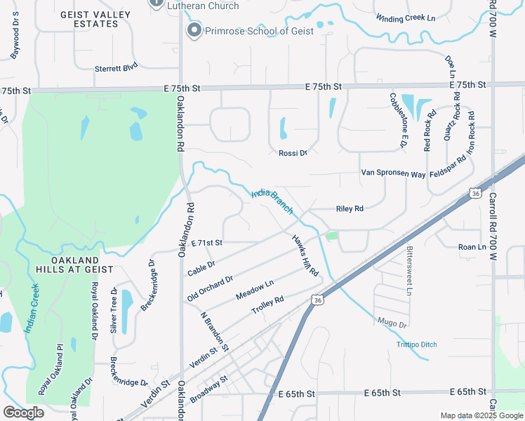 map of restaurants, bars, coffee shops, grocery stores, and more near 7138 Hawks Hill Road in Indianapolis