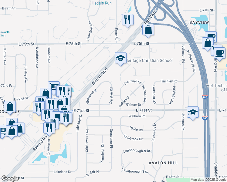map of restaurants, bars, coffee shops, grocery stores, and more near 7156 Derstan Road in Indianapolis