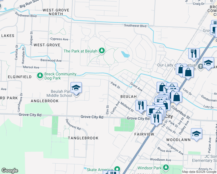 map of restaurants, bars, coffee shops, grocery stores, and more near 3708 Midland Street in Grove City