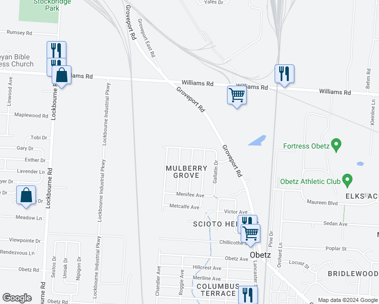 map of restaurants, bars, coffee shops, grocery stores, and more near 3983 Graves Drive in Obetz