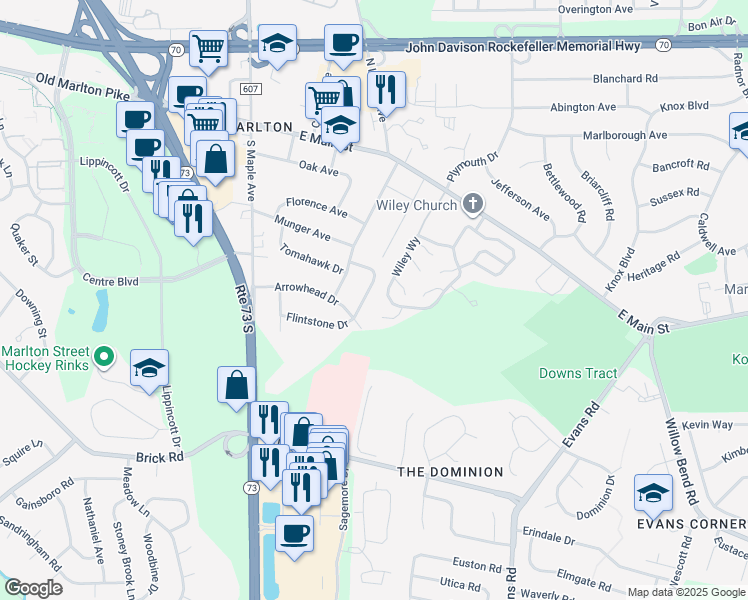 map of restaurants, bars, coffee shops, grocery stores, and more near 20 Flintstone Drive in Evesham