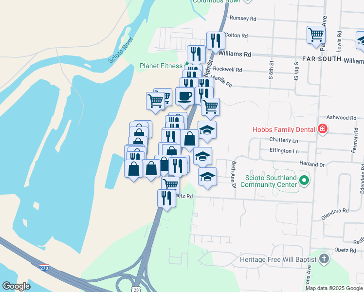 map of restaurants, bars, coffee shops, grocery stores, and more near South High Street in Columbus