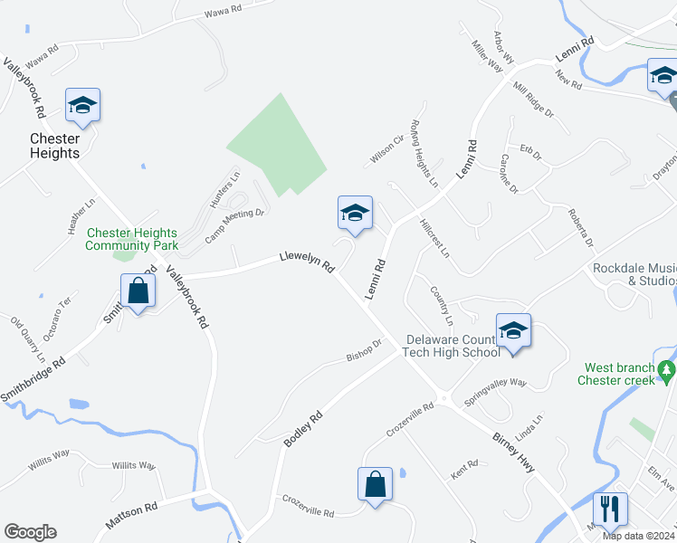map of restaurants, bars, coffee shops, grocery stores, and more near 282 Llewelyn Road in Chester Heights