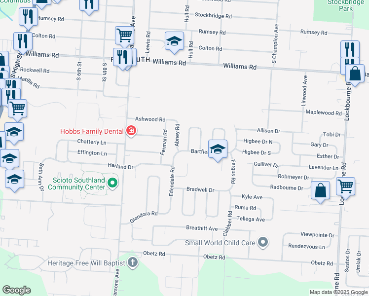 map of restaurants, bars, coffee shops, grocery stores, and more near 701 Bartfield Drive in Columbus