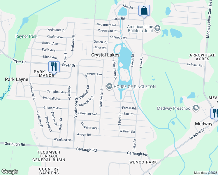 map of restaurants, bars, coffee shops, grocery stores, and more near 163-215 Lakeshore Dr in Crystal Lakes