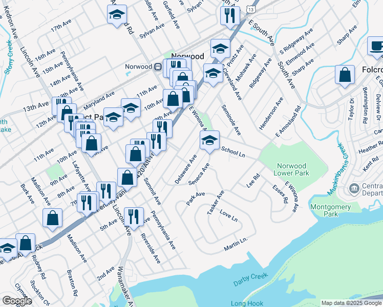 map of restaurants, bars, coffee shops, grocery stores, and more near 547 Delaware Avenue in Norwood