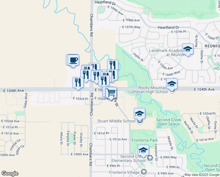 map of restaurants, bars, coffee shops, grocery stores, and more near East 104th Avenue in Commerce City