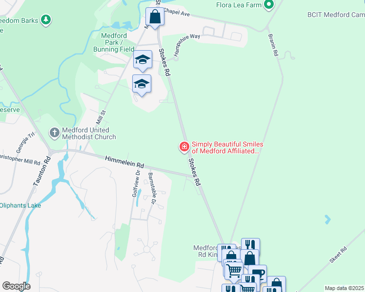 map of restaurants, bars, coffee shops, grocery stores, and more near 334 Stokes Road in Medford