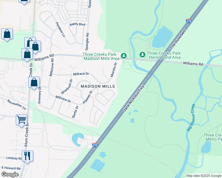 map of restaurants, bars, coffee shops, grocery stores, and more near 2876 Duvall Lane in Columbus