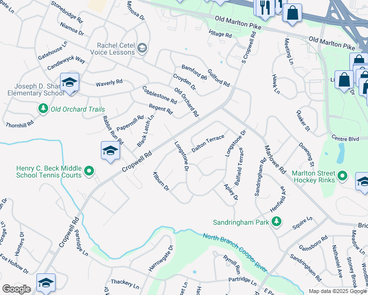 map of restaurants, bars, coffee shops, grocery stores, and more near 100 Dalton Terrace in Cherry Hill