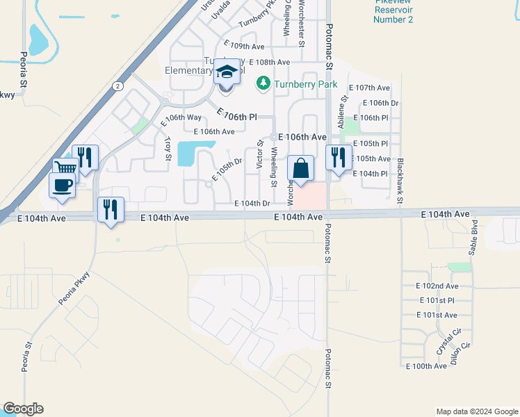 map of restaurants, bars, coffee shops, grocery stores, and more near 13284 East 104th Avenue in Commerce City