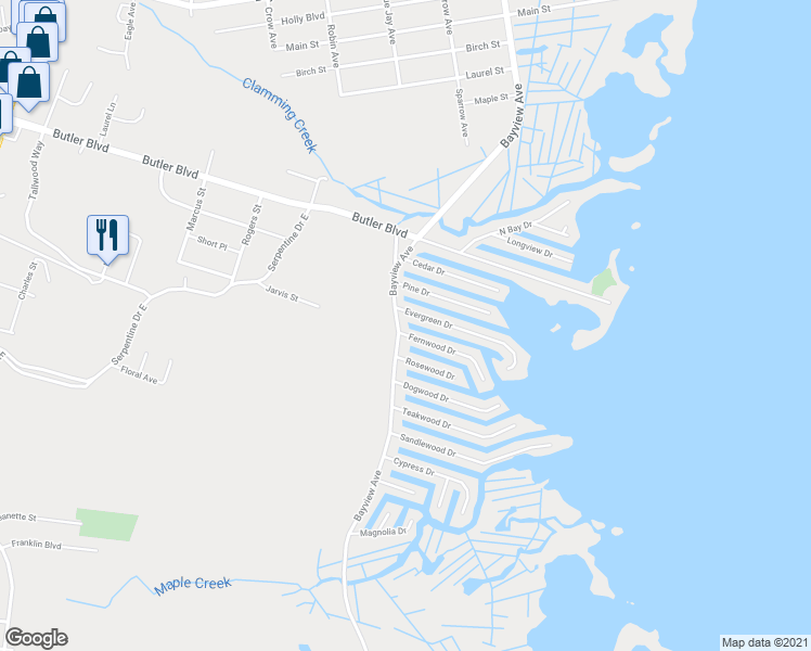 map of restaurants, bars, coffee shops, grocery stores, and more near 1041 Bayview Avenue in Berkeley Township