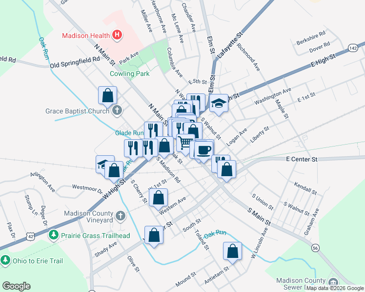 map of restaurants, bars, coffee shops, grocery stores, and more near 56 South Oak Street in London