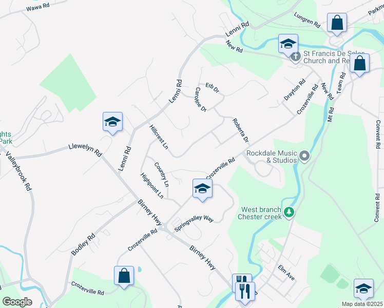 map of restaurants, bars, coffee shops, grocery stores, and more near 1710 Hillcrest Lane in Aston