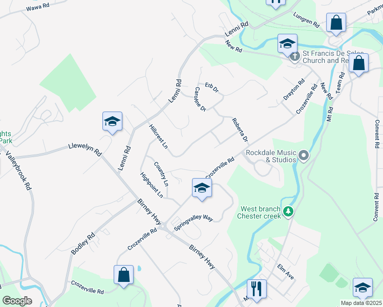 map of restaurants, bars, coffee shops, grocery stores, and more near 1710 Hillcrest Lane in Aston