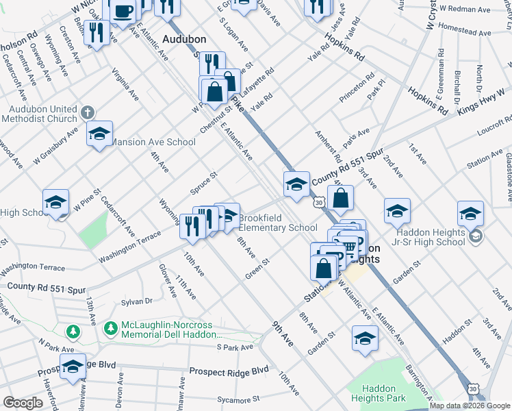map of restaurants, bars, coffee shops, grocery stores, and more near 9 7th Avenue in Haddon Heights