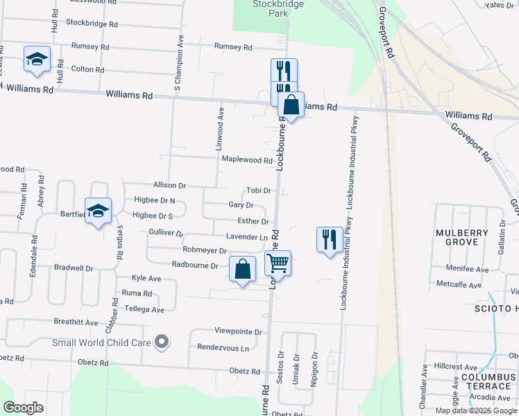 map of restaurants, bars, coffee shops, grocery stores, and more near 1078 Esther Drive in Columbus