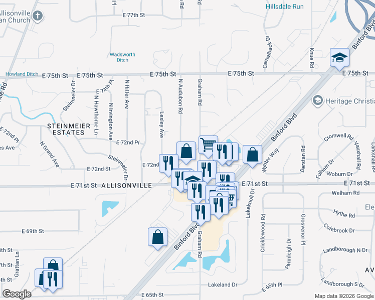map of restaurants, bars, coffee shops, grocery stores, and more near 7203 North Audubon Road in Indianapolis