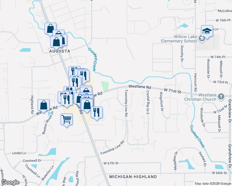 map of restaurants, bars, coffee shops, grocery stores, and more near 2471 Camwood Drive in Indianapolis