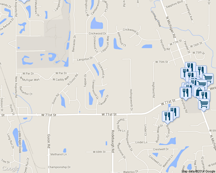 map of restaurants, bars, coffee shops, grocery stores, and more near 3619 Camberwood Court in Indianapolis
