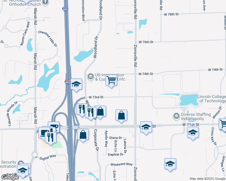map of restaurants, bars, coffee shops, grocery stores, and more near 5759 West 73rd Street in Indianapolis