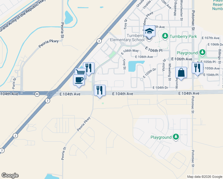 map of restaurants, bars, coffee shops, grocery stores, and more near Turnberry Drive in Commerce City