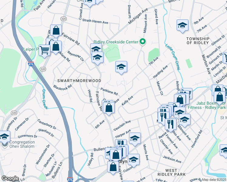 map of restaurants, bars, coffee shops, grocery stores, and more near 722 Parklane Road in Swarthmore