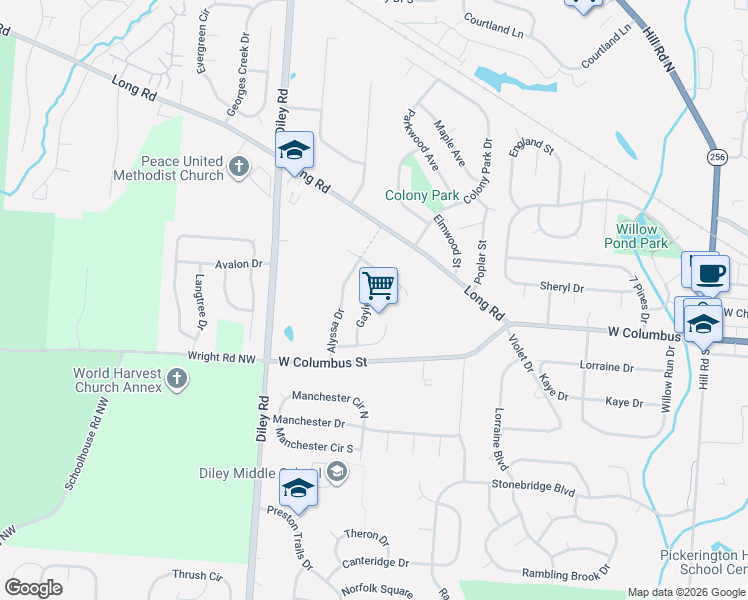 map of restaurants, bars, coffee shops, grocery stores, and more near 661 Andrea Lane in Pickerington