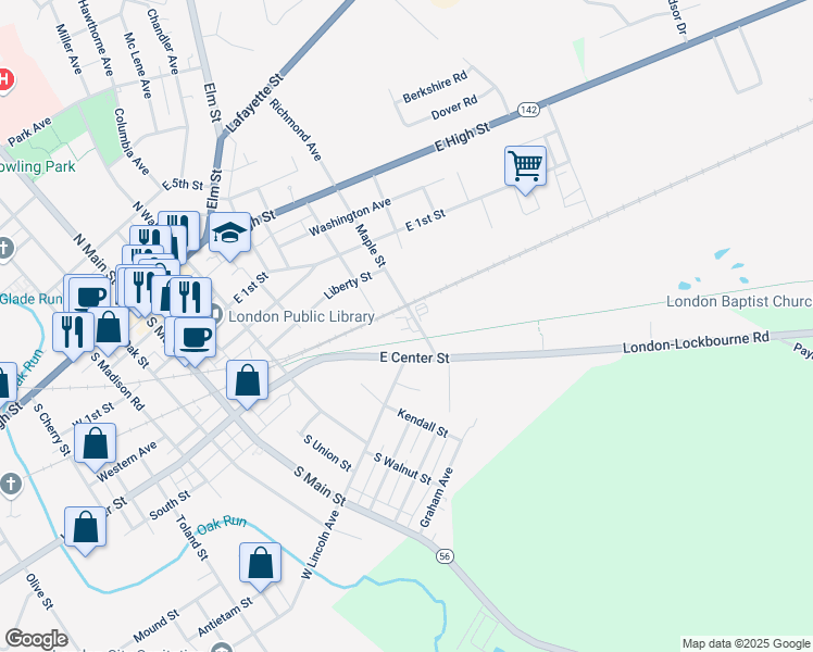 map of restaurants, bars, coffee shops, grocery stores, and more near 156 East Center Street in London