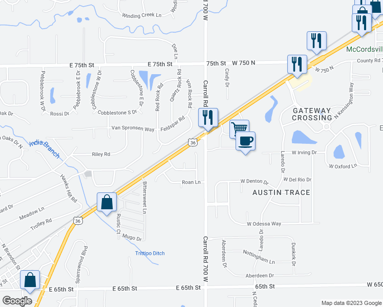 map of restaurants, bars, coffee shops, grocery stores, and more near 7138 Dewester Drive in Indianapolis