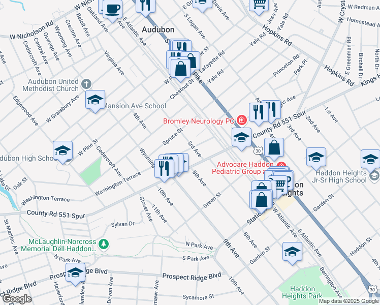 map of restaurants, bars, coffee shops, grocery stores, and more near 206 Washington Terrace in Audubon