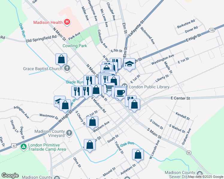 map of restaurants, bars, coffee shops, grocery stores, and more near 56 South Oak Street in London
