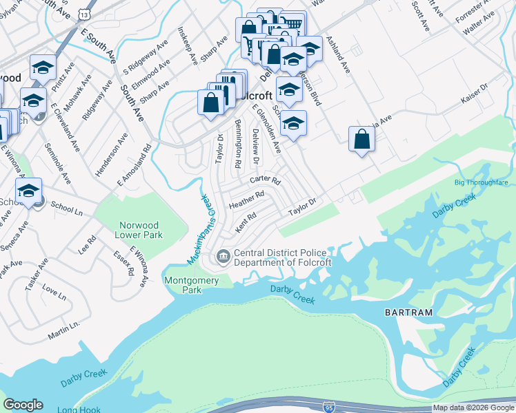 map of restaurants, bars, coffee shops, grocery stores, and more near 2073 Kent Road in Folcroft