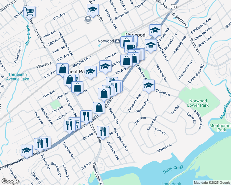 map of restaurants, bars, coffee shops, grocery stores, and more near 652 Chester Pike in Norwood