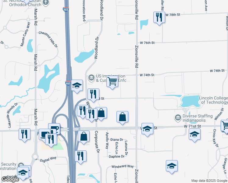 map of restaurants, bars, coffee shops, grocery stores, and more near 5846 West 73rd Street in Indianapolis