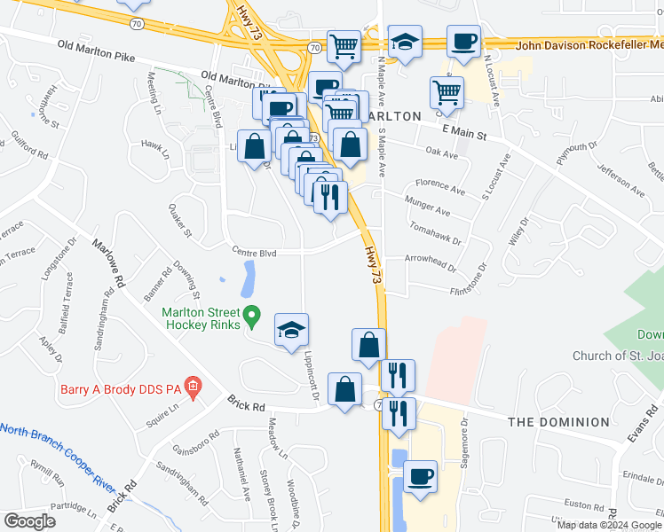 map of restaurants, bars, coffee shops, grocery stores, and more near 302 Lippincott Drive in Evesham