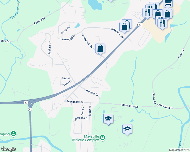 map of restaurants, bars, coffee shops, grocery stores, and more near Sunset Drive in Zanesville