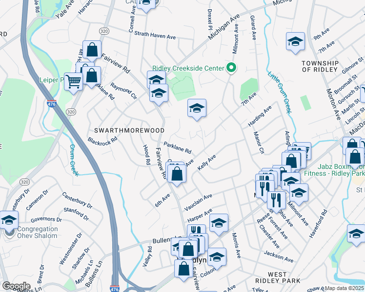 map of restaurants, bars, coffee shops, grocery stores, and more near 722 Parklane Road in Swarthmore