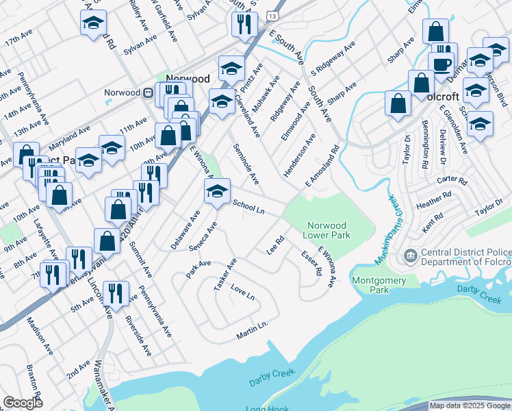 map of restaurants, bars, coffee shops, grocery stores, and more near 267 School Lane in Norwood