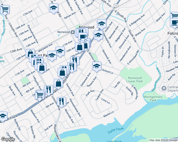 map of restaurants, bars, coffee shops, grocery stores, and more near 533 Delaware Avenue in Norwood