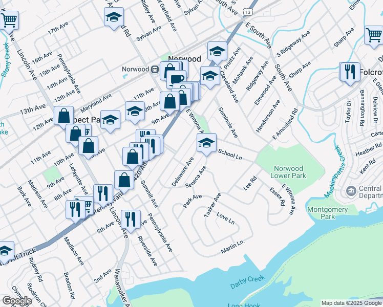 map of restaurants, bars, coffee shops, grocery stores, and more near 533 Delaware Avenue in Norwood