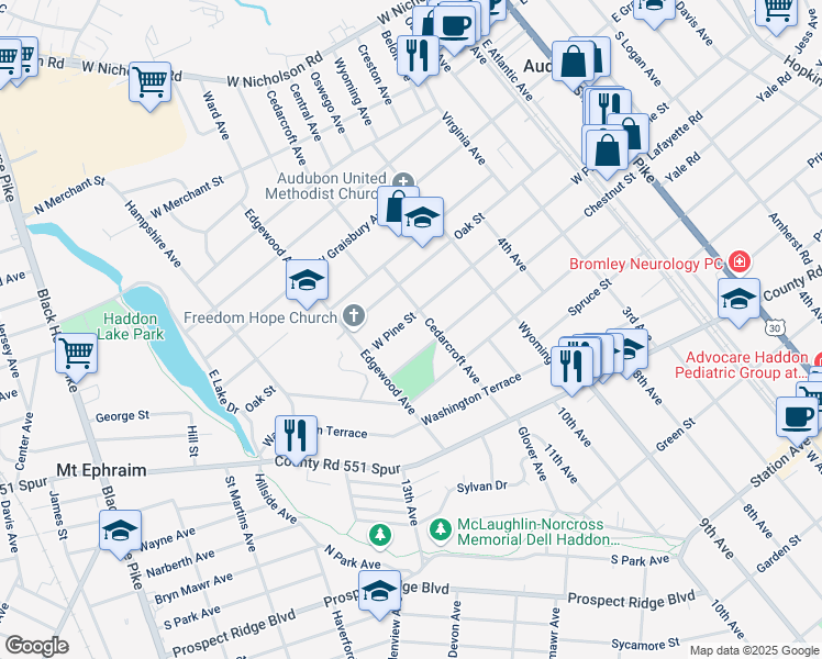 map of restaurants, bars, coffee shops, grocery stores, and more near 430 Chestnut Street in Audubon