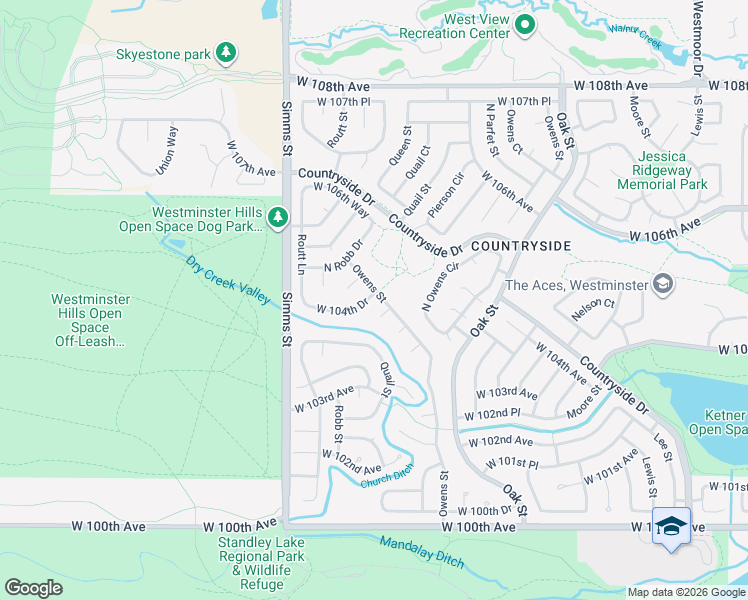 map of restaurants, bars, coffee shops, grocery stores, and more near 10924 West 104th Court in Westminster