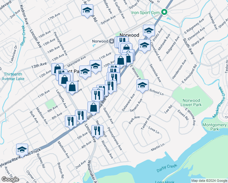 map of restaurants, bars, coffee shops, grocery stores, and more near 615 Mohawk Avenue in Norwood